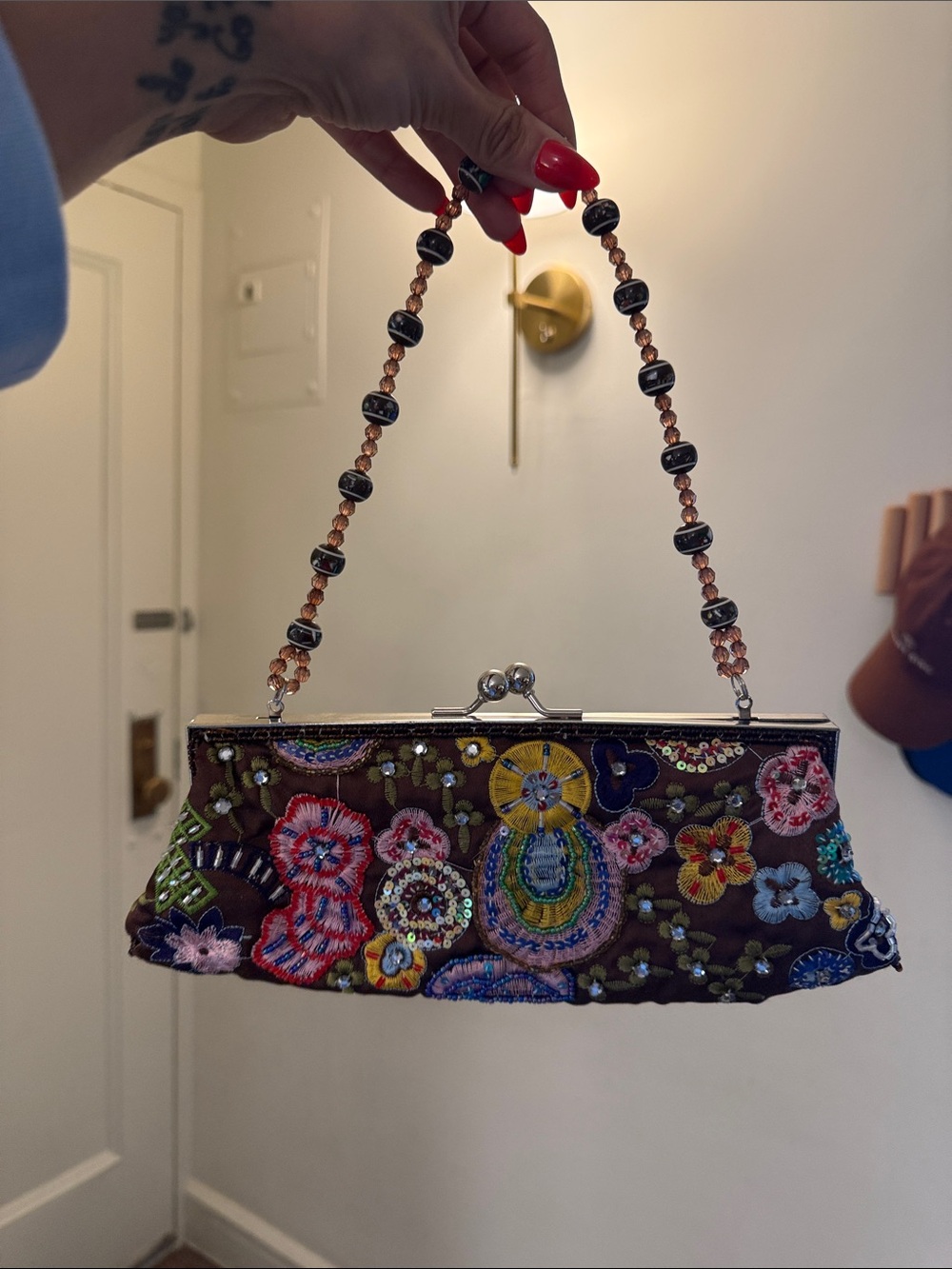 Embroidered Floral Beaded Handle Clutch - Brown